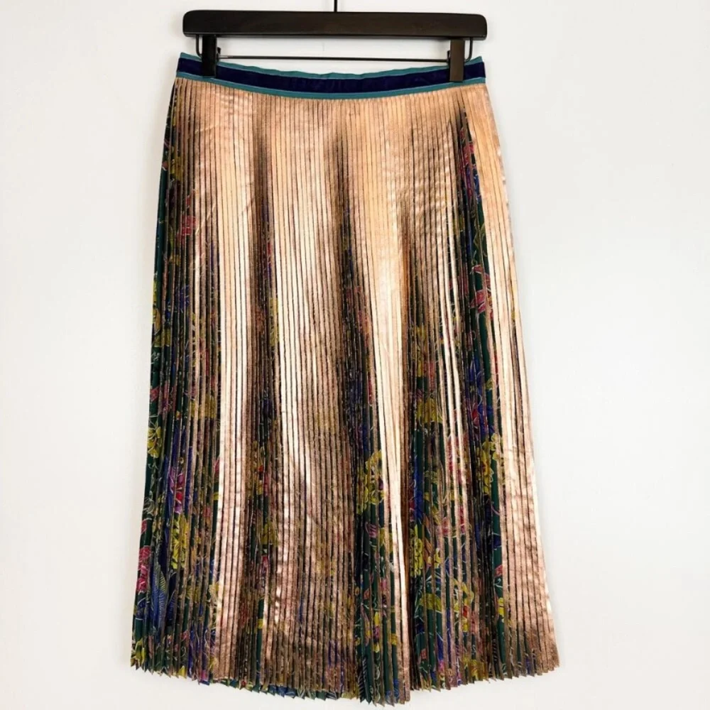 NWOT Anthropologie Maeve Pleated Printed Gold Floral Midi Knee Length Skirt 6 S - Picture 6 of 8